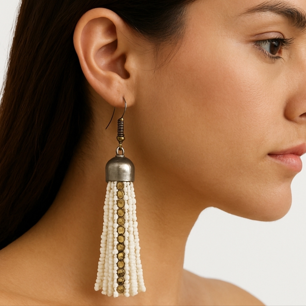 Boho Silver-Tone & White Beaded Fringe Earrings, Lightweight Tassel Dangle Jewel